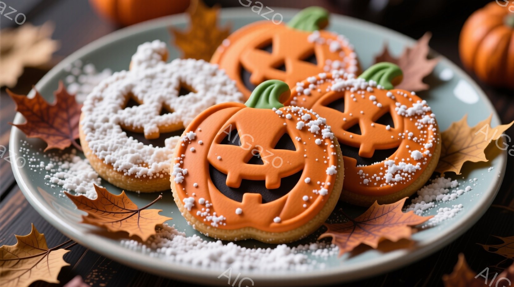 盛り付けられたクッキーが写っており、ハロウィーンを連想させるカボチャの形をしているものが目立つ。オレンジ色のアイシングが施され、顔が彫られており、白い砂糖の粉が散りばめられている。背景には、落ち葉と小 - AI生成フリー素材