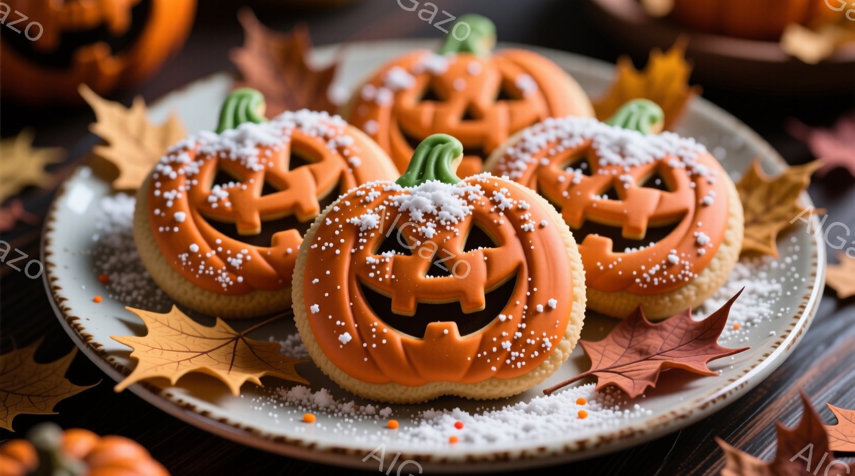 ハロウィーンをテーマにしたクッキーが、白っぽいお皿の上に並べられています。オレンジ色のアイシングで覆われたクッキーは、ジャック・オー・ランタンの表情が施され、ところどころに粉砂糖が散りばめられています - AI生成フリー素材