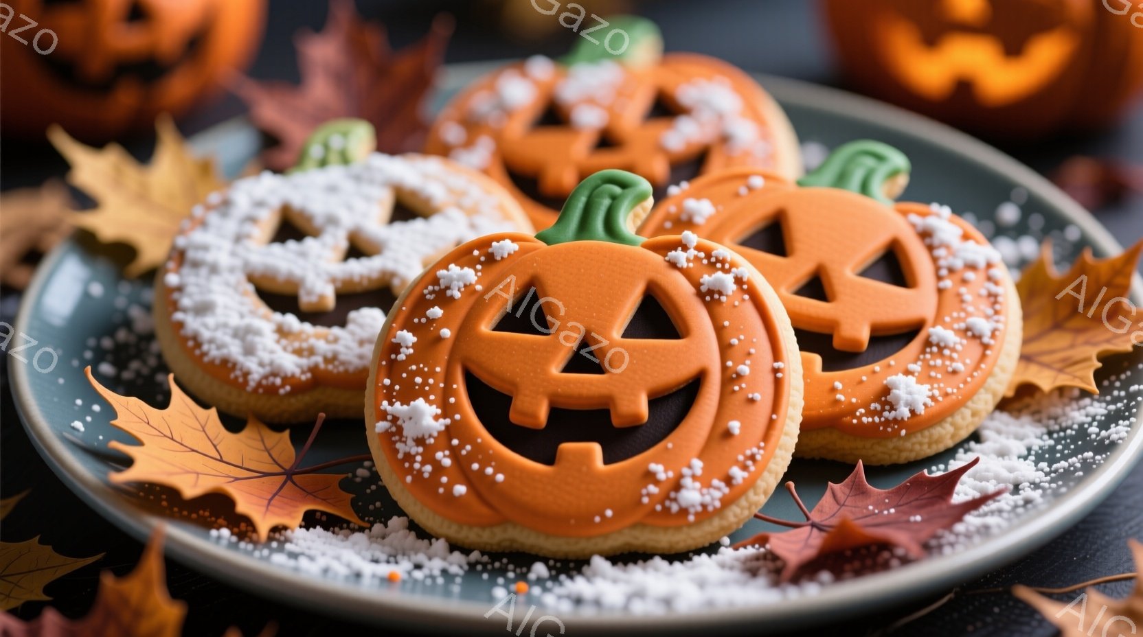 鮮やかなオレンジ色のハロウィンパンプキンクッキーが、緑色の茎と共に皿に盛り付けられています。クッキーは砂糖で覆われており、背景には紅葉した葉が散りばめられて、秋の雰囲気と祝祭感を醸し出しています。全体 - AI生成フリー素材