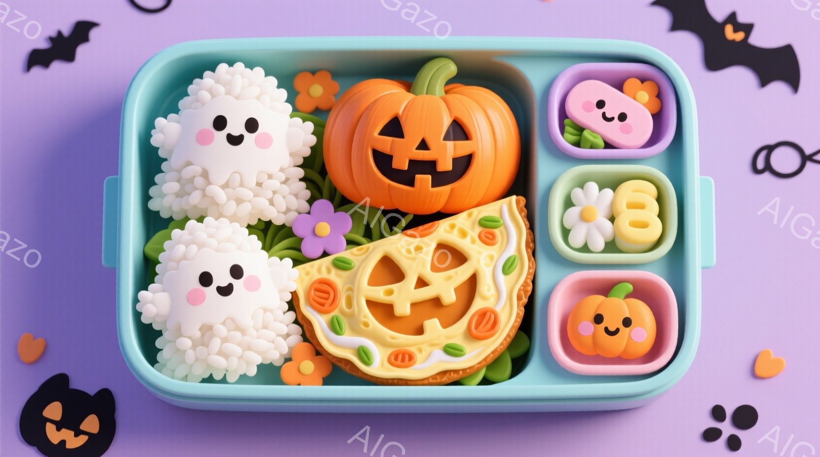 明るい水色の弁当箱の中に、ハロウィーンをテーマにした可愛らしいお弁当が並んでいます。白いふわふわの幽霊、オレンジ色のカボチャの形をしたおにぎり、そしてハロウィーン風のロールパンが、小さな花と共に彩られています。背景は紫色のグラデーションで、ハロウィーンの飾り（カボチャ、コウモリ、お化け）が散りばめられており、可愛らしく楽しい雰囲気を醸し出しています。