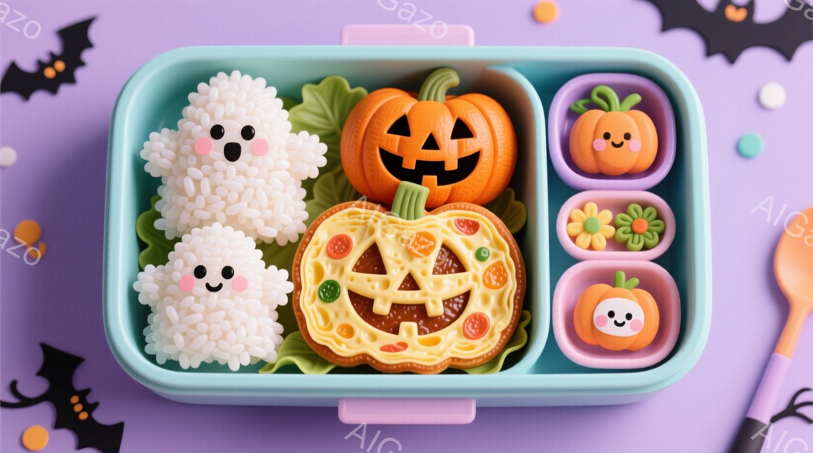 薄い水色の弁当箱の中に、ハロウィンをテーマにした可愛らしいお弁当が並んでいます。ゴーストの形をした白いご飯、カボチャの形をした卵焼きと小さなおにぎり、そしてオレンジ色のミニトマトが、緑色の葉っぱと共に彩りを添えています。背景には黒いコウモリやオレンジ色のカボチャの飾りがあり、全体的に可愛らしく楽しいハロウィンの雰囲気を演出しています。