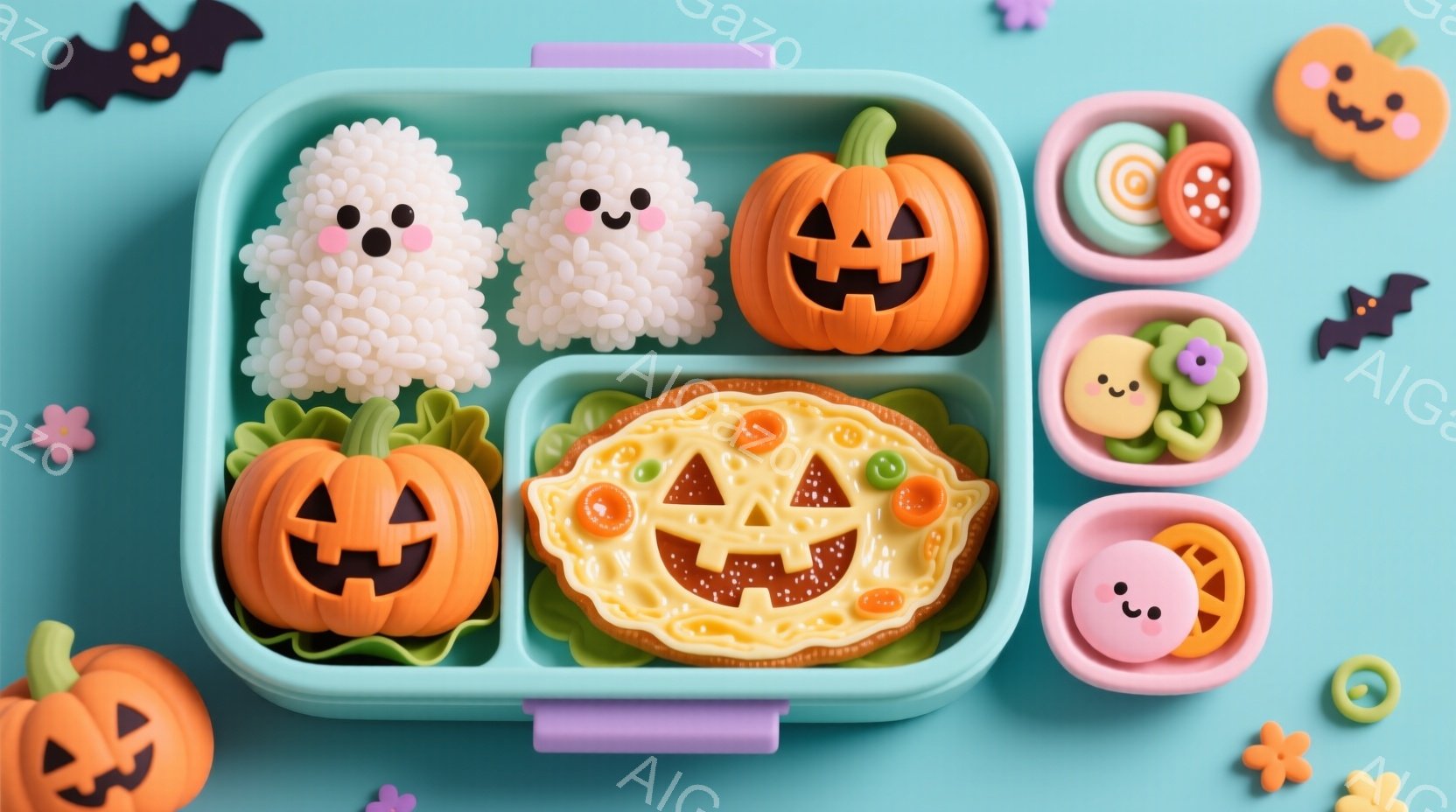 明るい水色の背景に、ハロウィーンをテーマにしたお弁当が広げられています。おにぎりで作られた可愛いお化けや、かぼちゃの形をしたおかず、そしてスパゲッティで作られたジャック・オー・ランタンが彩りを添え、全 - AI生成フリー素材