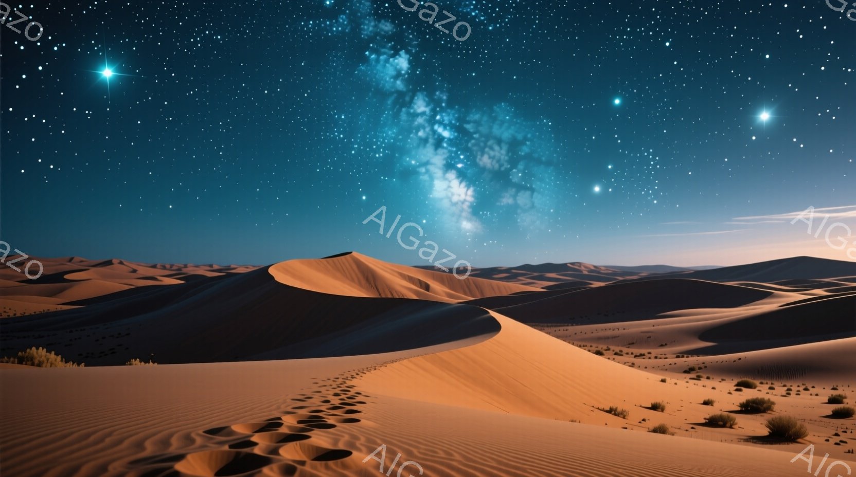 広大な砂漠が夜空の下に広がり、星空がその上に輝いている。砂丘は優雅な曲線を描き、地平線まで連なっている。わずかに見える灌木が、砂漠の荒涼とした美しさを強調している。