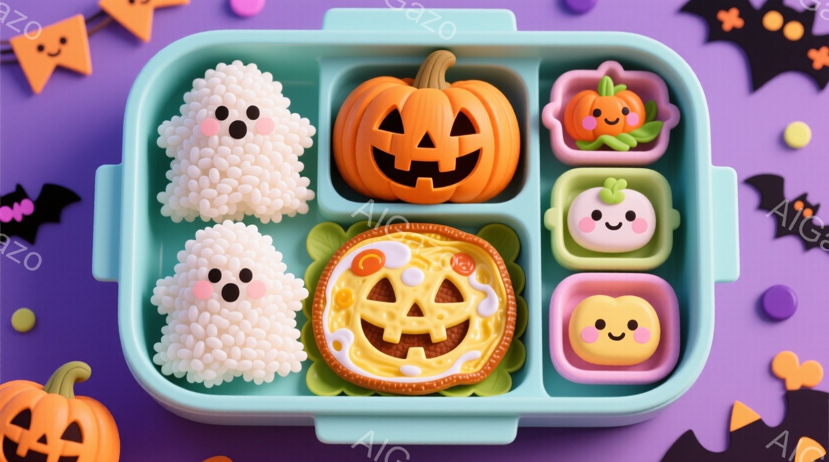 薄紫色の背景に、青い弁当箱が置かれており、中にはハロウィーンをテーマにした可愛いお弁当が詰まっています。おにぎりで作られた幽霊、カボチャの形をしたおかず、そして紫色の包装紙で包まれた小さなカボチャが並べられています。全体的に可愛らしく、遊び心のある、お祭り気分を感じさせる雰囲気です。
