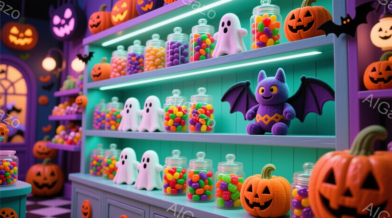 ハロウィーンをテーマにした棚が写っています。さまざまな色とりどりのキャンディーが入った瓶と、かわいらしいゴーストやコウモリのぬいぐるみで飾られています。背景は紫色の壁と、たくさんのハロウィーンの装飾が施された楽しい雰囲気です。