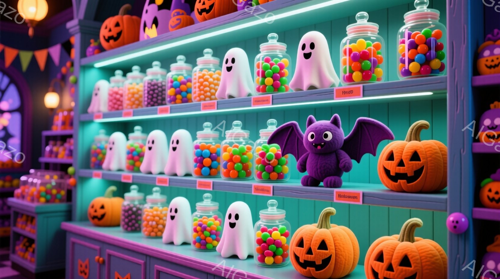 ハロウィーンをテーマにしたお菓子屋さんの棚が写っています。カラフルなキャンディーが入った瓶や、お化け、カボチャ、コウモリなどのハロウィーンの飾り付けが並べられています。棚はピンク色で、全体的に明るく、お祝いムードに満ちています。