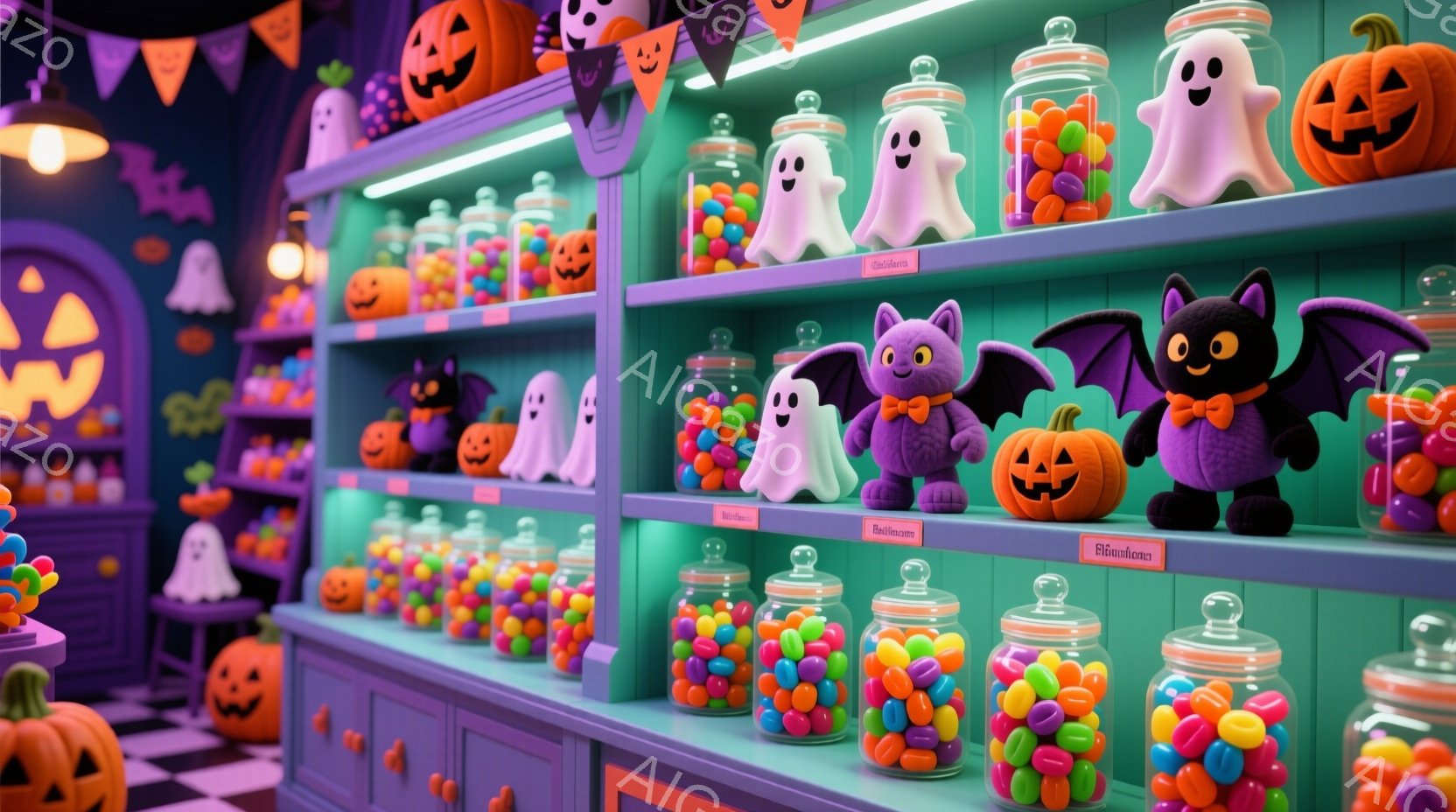 ハロウィーンをテーマにしたお菓子屋の棚が写っています。カラフルなキャンディーが入った瓶が並び、パンプキンや幽霊、コウモリのぬいぐるみなどが飾られています。背景は紫色の壁で、ハロウィーンの装飾が施され、全体的に明るく、楽しい雰囲気が漂っています。