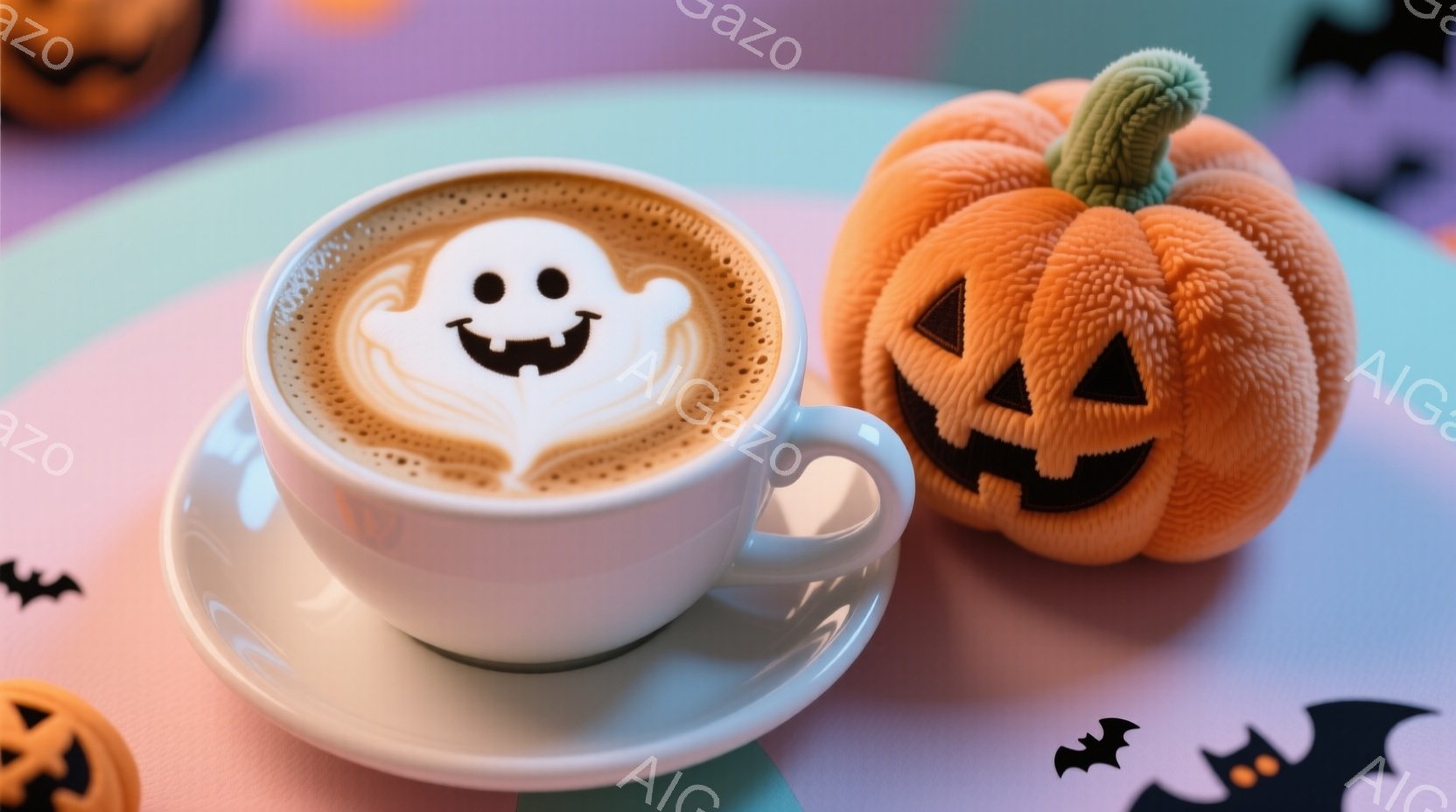 白いソーサーに乗ったカップには、ハロウィーンをテーマにしたホイップクリームのゴーストが乗っており、まるでカフェラテの表面に浮かんでいるようです。その隣には、愛らしいジャック・オ・ランタンのぬいぐるみがあり、背景には、ハロウィーンを象徴する黒いコウモリが散りばめられています。全体的に暖かく、お祝いの雰囲気で、ハロウィーンシーズンを楽しむための可愛らしいシーンです。