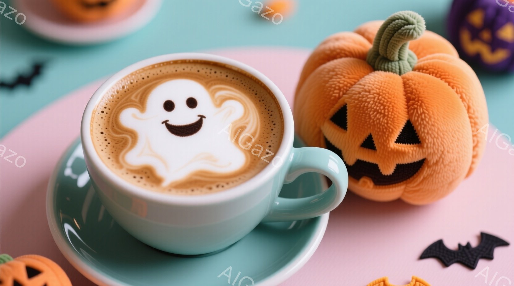淡いピンク色の背景に、ターコイズブルーのカップとソーサーが置かれ、ラテアートで可愛らしいお化けの絵が描かれています。カップの隣にはオレンジ色のふわふわとしたカボチャのぬいぐるみが置かれ、周囲にはハロウィンの切り絵のコウモリやカボチャが散りばめられています。全体的に温かく、可愛らしいハロウィンの雰囲気が漂っています。