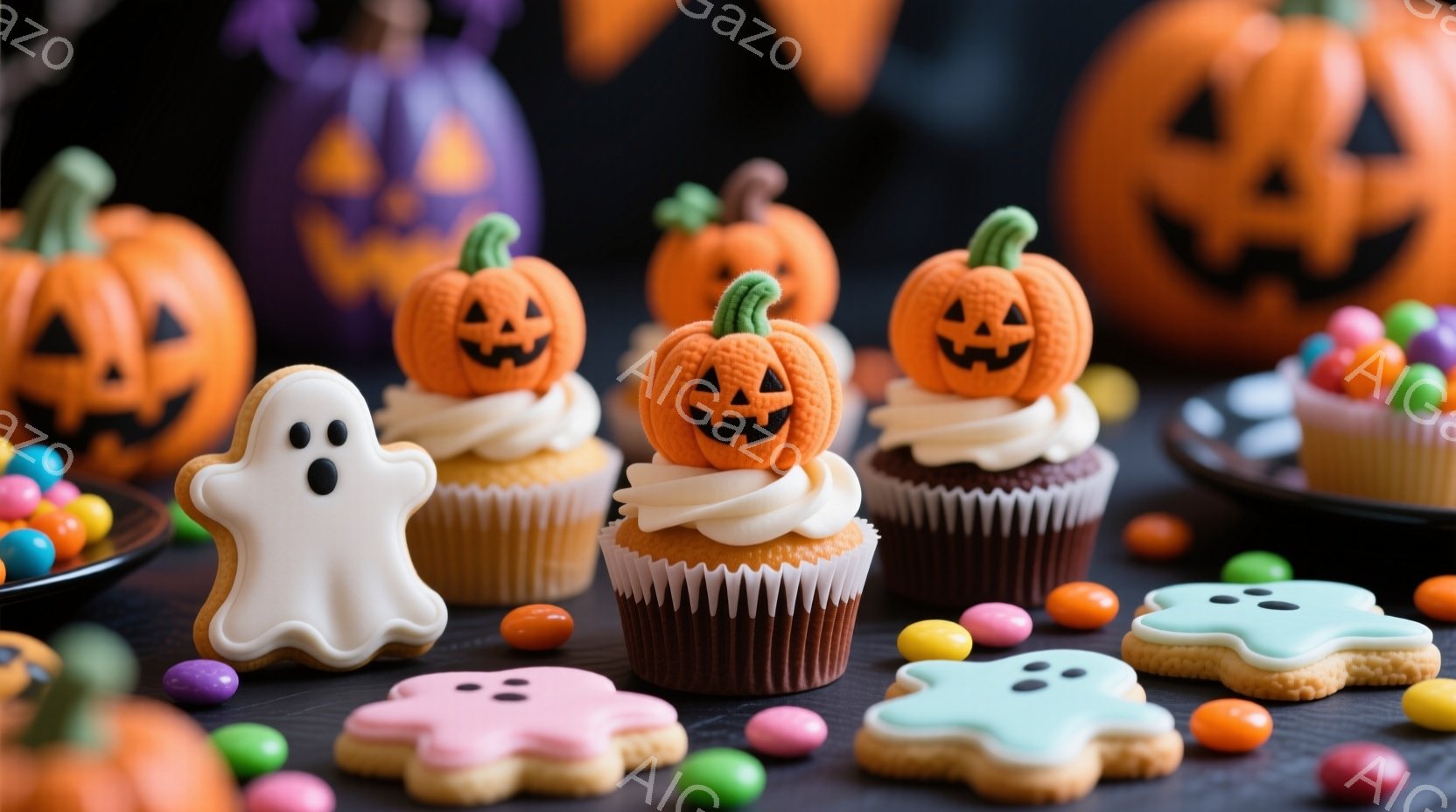 ハロウィーンをテーマにした焼き菓子が並べられています。カボチャのカップケーキ、お化けのクッキー、ピンクと水色のクッキーが、カラフルなキャンディと黒いプレートの上に飾られています。背景には、カボチャのラ - AI生成フリー素材