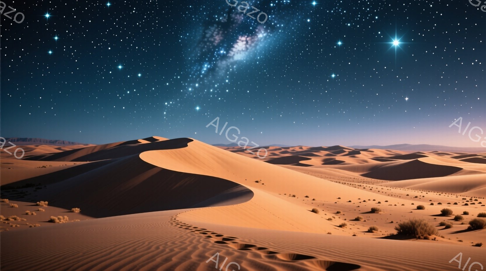 広大な砂漠が夕暮れから夜へと移り変わる様子が描かれている。砂丘はオレンジ色から濃い紫色へと陰影を深め、遠くには星空が広がり、天の川がはっきりと見える。数少ない灌木が点在し、砂丘の曲線が美しい夜の風景を - AI生成フリー素材