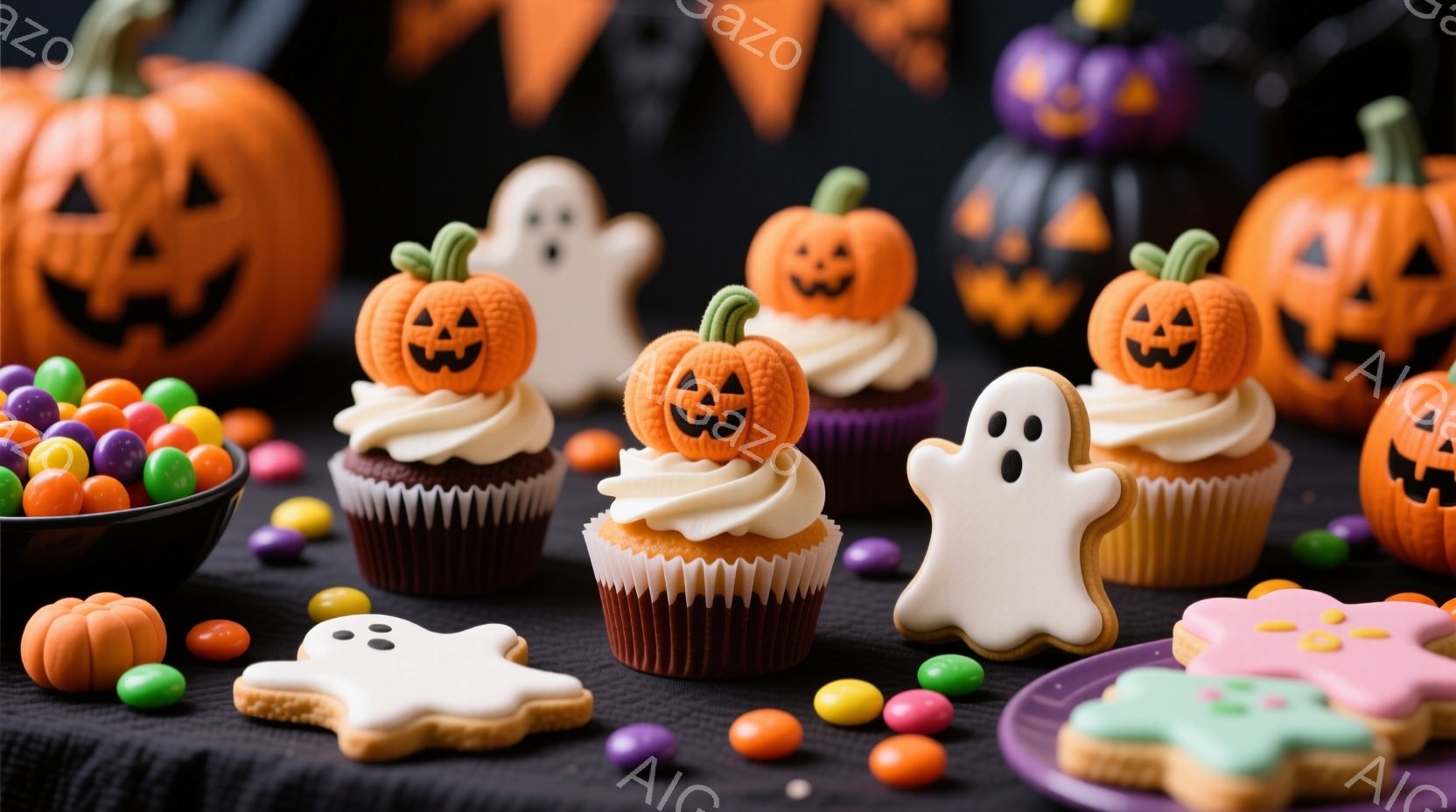 ハロウィーンをテーマにしたお菓子が並んでいます。カップケーキにはカボチャのデコレーションが施され、白いお化けのクッキーや緑色のモンスターのクッキーも添えられています。背景には、様々な表情のカボチャのラ - AI生成フリー素材