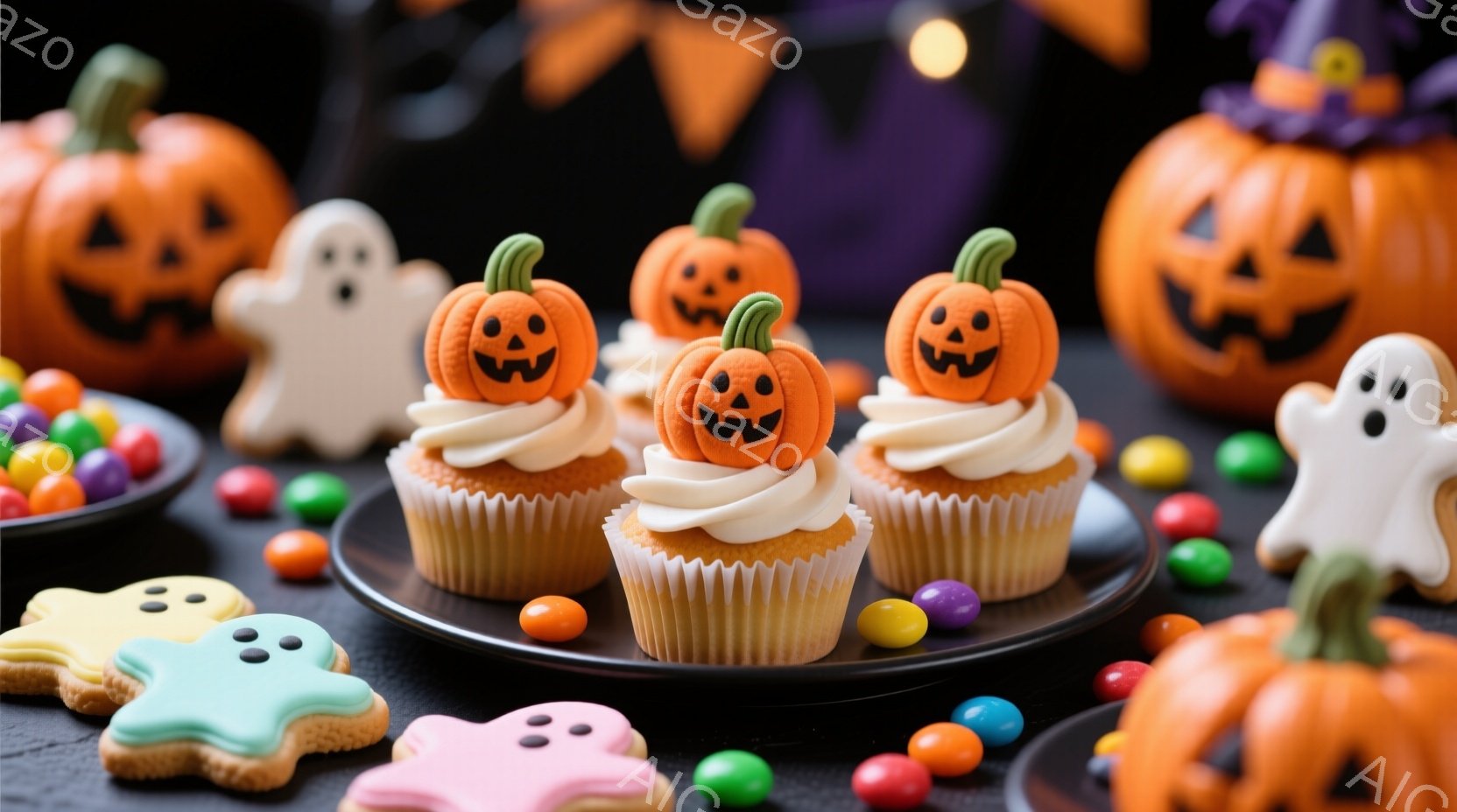 ハロウィーンをテーマにしたスイーツの写真です。黒い皿には、かぼちゃのデコレーションが施されたカップケーキが並び、周りにはお化けやカボチャの形をしたクッキー、カラフルなキャンディーが散りばめられています - AI生成フリー素材