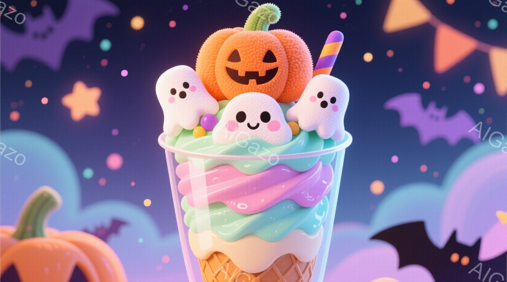 鮮やかな紫とピンクのグラデーションが美しいアイスクリームが、編み込まれたコーンカップに入っています。ハロウィーンの飾りであるカボチャと可愛らしいお化けがアイスクリームの上にちょこんと座っており、背景には紫色の夜空に黄色い星や黒いコウモリが散りばめられています。全体的に、ハロウィーンらしい、遊び心のある、お菓子の様な雰囲気です。