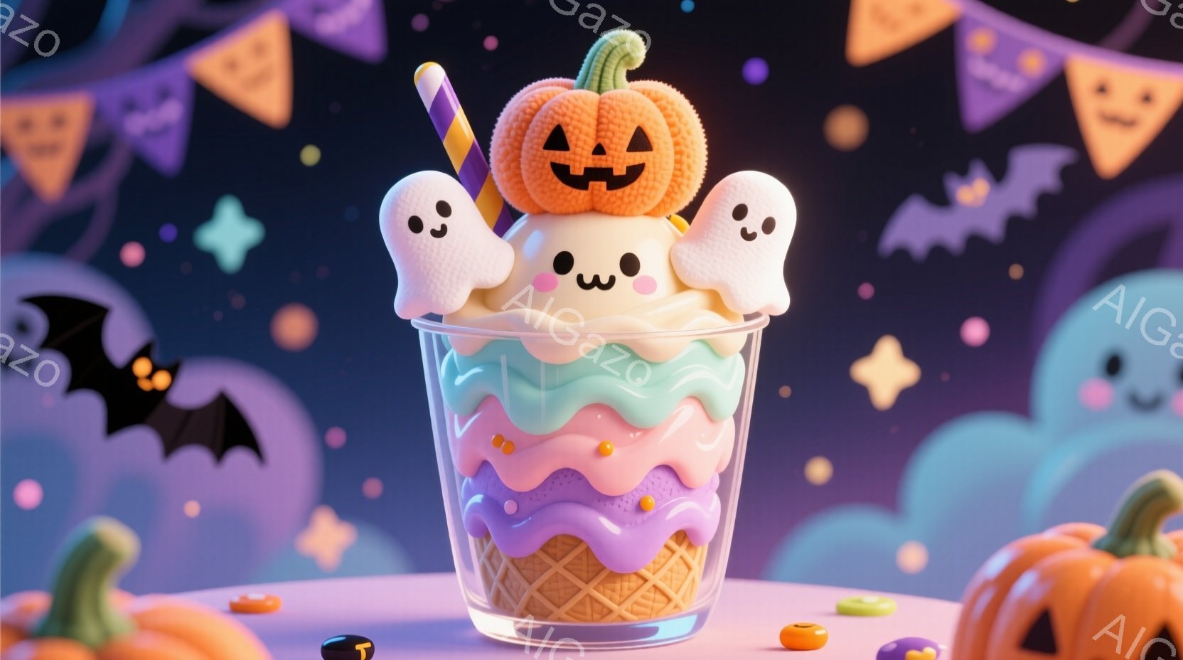 ハロウィーンをテーマにしたアイスクリームのグラスが描かれています。紫、ピンク、水色の層が重なり、コーンのベースに置かれ、頂上にはカボチャのランタンと可愛いお化けが飾られています。背景には紫色の旗、お化 - AI生成フリー素材
