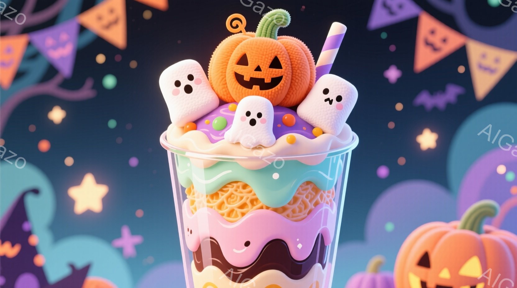 鮮やかなピンクと紫色の層が重ねられたデザートグラスが描かれています。ハロウィーンをテーマにしたお菓子や、かわいらしいお化け、そしてジャック・オー・ランタンがトッピングされており、背景にはカラフルなハロ - AI生成フリー素材