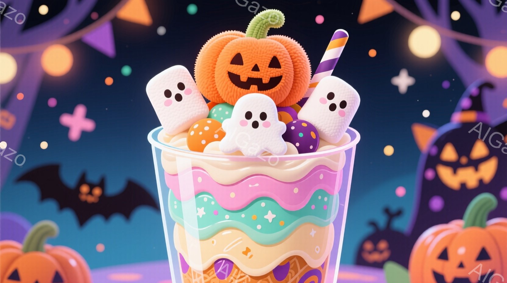 鮮やかな水色のグラスに入った、ハロウィンをテーマにしたデザートが描かれています。紫、ピンク、水色の層が重なり、カラフルなスプリンクルが散りばめられ、その上に白いお化けやオレンジ色のカボチャの形をしたマシュマロが飾られています。背景には、オレンジ色のカボチャのランタンや黒いコウモリが浮かび、ハロウィンの夜の楽しげな雰囲気を醸し出しています。