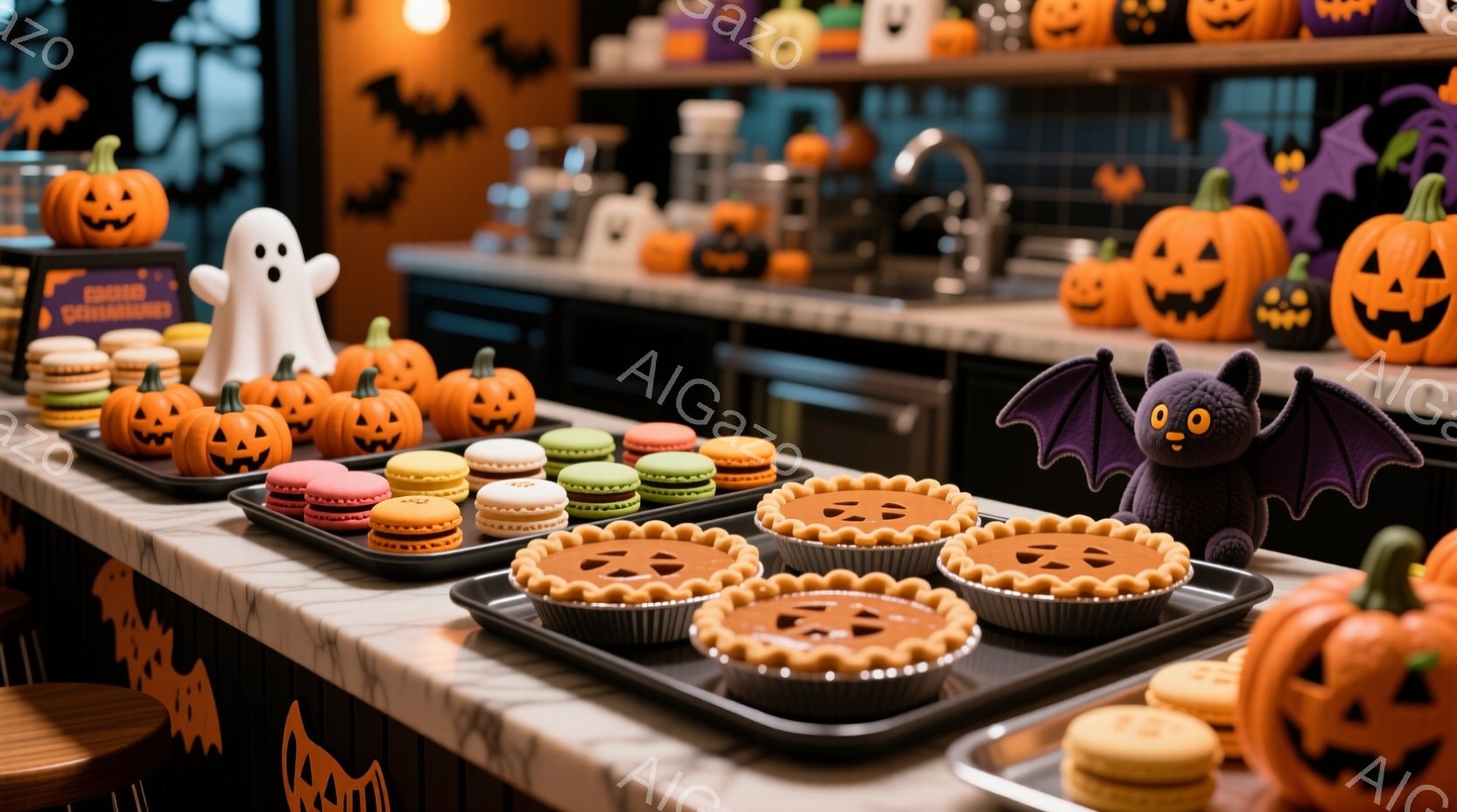 ハロウィーンをテーマにした焼き菓子の数々が、白いカウンターの上に並べられています。オレンジ色のマカロンや、かぼちゃの形をした小さなパイ、そしてかわいらしい幽霊やコウモリのぬいぐるみが、お祝いの雰囲気を - AI生成フリー素材