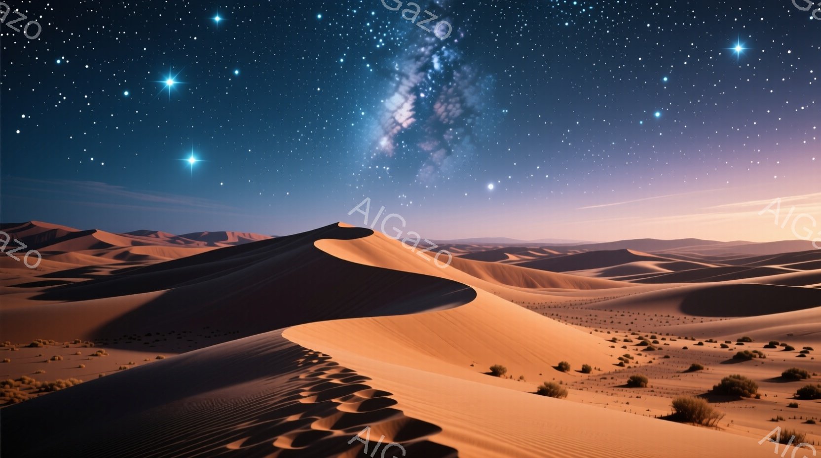 広大な砂漠が夜空の下に広がり、砂丘がうねるように連なっている。天の川が夜空を横切り、星々が輝き、静寂で神秘的な雰囲気を醸し出している。砂漠にはまばらに草木が生えており、地平線は薄いオレンジ色で霞んでい - AI生成フリー素材