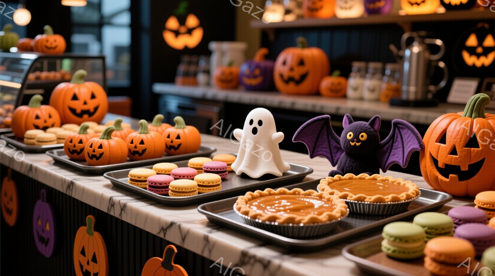 ハロウィーンをテーマにしたデザートが並べられたカウンターです。カボチャの形をしたマカロンやパイ、おばけやコウモリのチョコレートなど、様々な甘いものが飾られています。背景にはさらに多くのカボチャの装飾が見え、全体的に温かく、お祝いの雰囲気が漂っています。