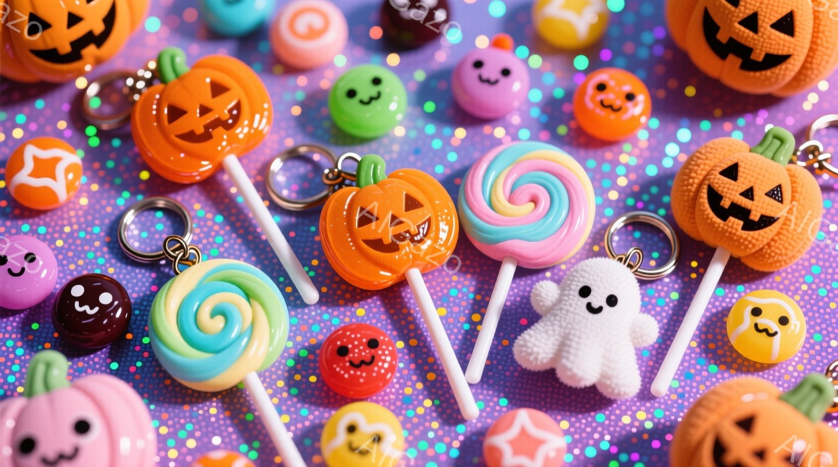 紫色のキラキラした背景の上に、ハロウィーンをテーマにしたお菓子や装飾品が散りばめられています。オレンジ色のジャック・オー・ランタンのキャンディー、渦巻き状のロリポップ、可愛らしいゴーストのキーホルダー - AI生成フリー素材