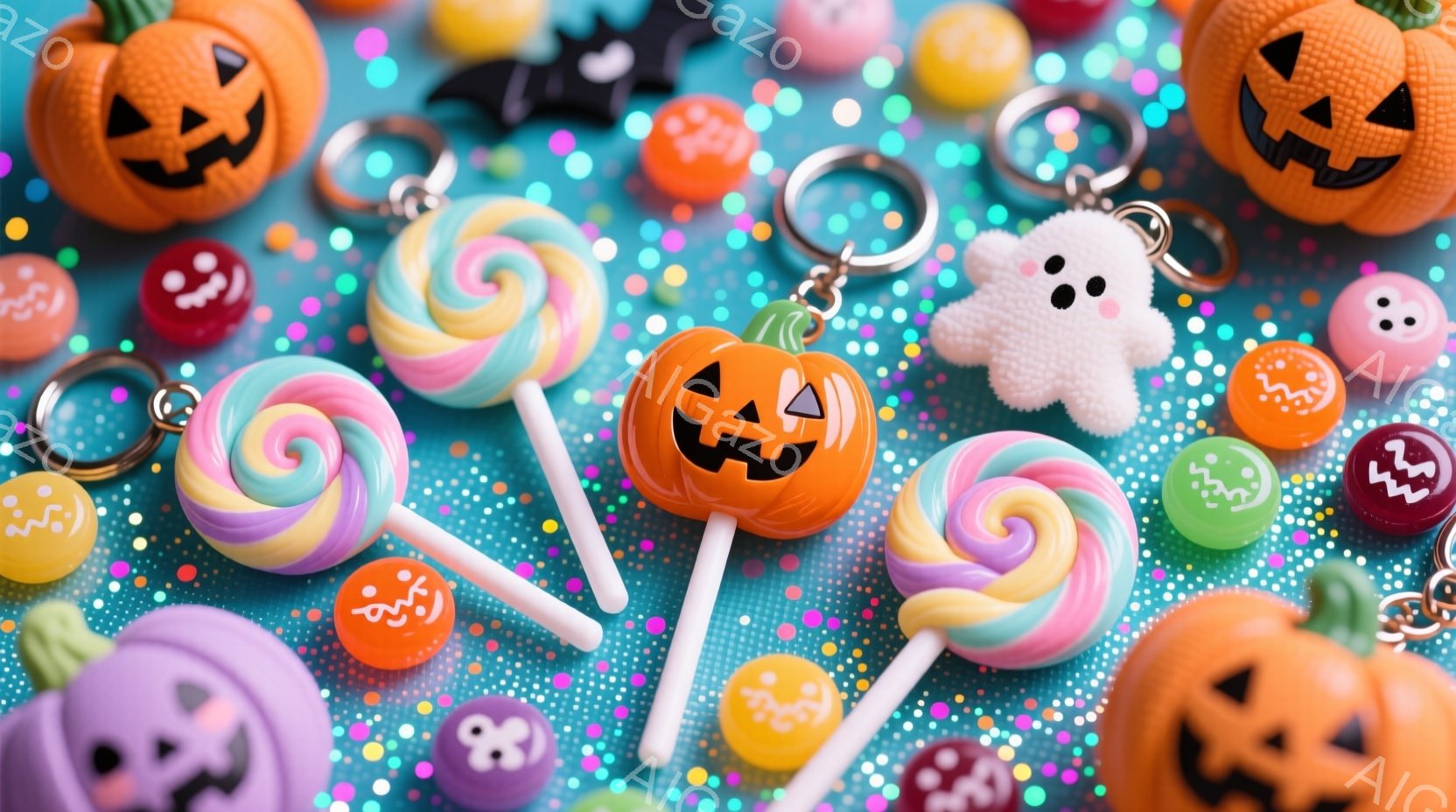 ハロウィーンをテーマにしたカラフルなキャンディやアクセサリーが散りばめられた画像です。オレンジ、紫、ピンク色のロリポップや、かぼちゃ、おばけ、コウモリのキーホルダーが、キラキラとした背景に配置されてい - AI生成フリー素材