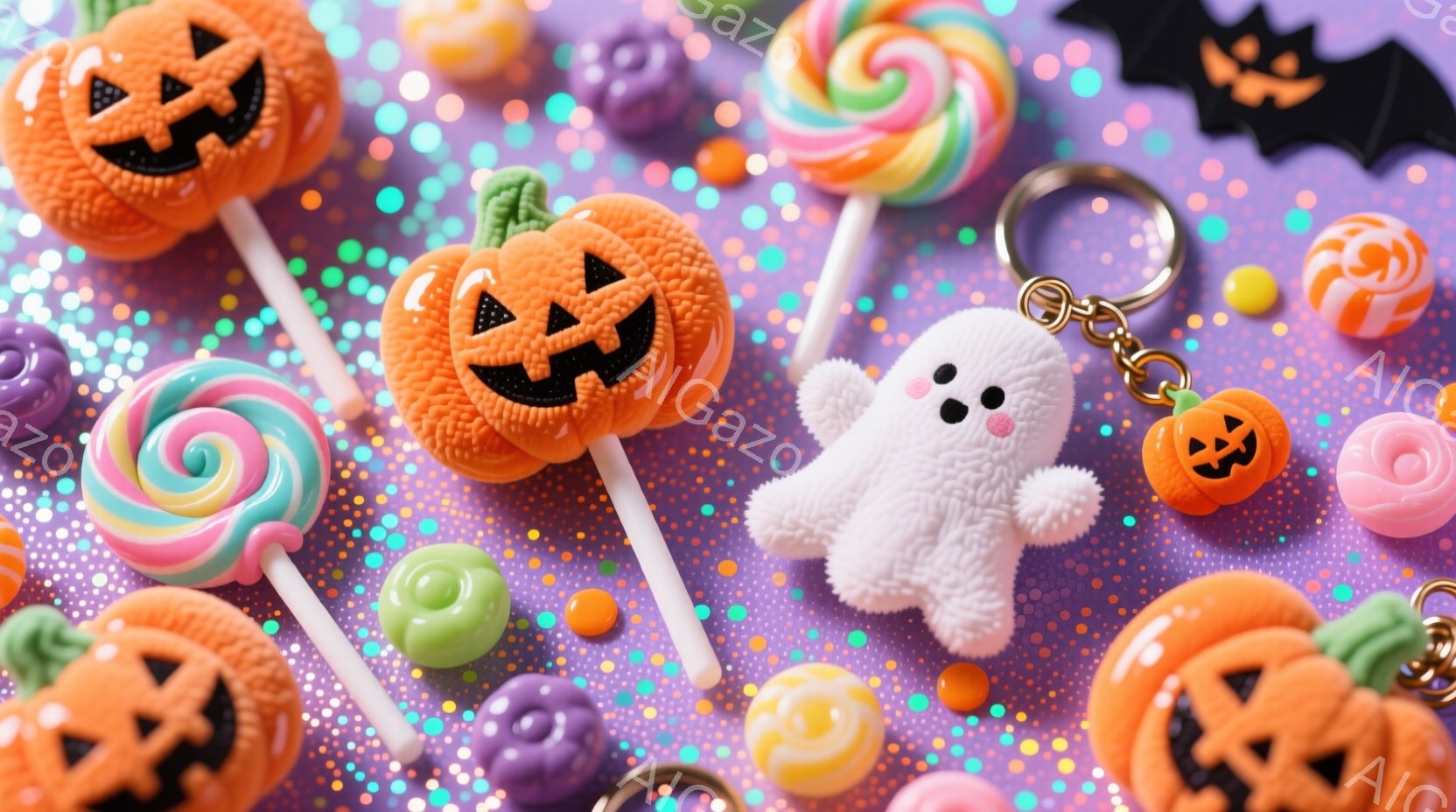 紫色のグリッター背景に、ハロウィーンのお菓子や装飾品が散りばめられています。オレンジ色のジャック・オ・ランタンのロリポップや、緑、ピンク、紫のキャンディー、白いお化けのキーホルダーなどが可愛らしく配置されています。全体的に明るく、お祭り気分を盛り上げるような楽しい雰囲気です。