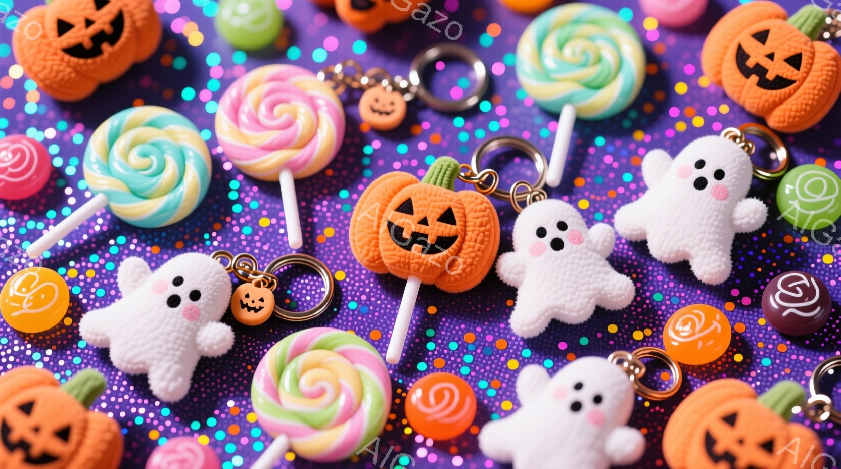 紫色の背景に、ハロウィーンをテーマにしたキャンディやキーホルダーが散りばめられています。オレンジ色のカボチャ、白いお化け、渦巻き模様のキャンディなどが可愛らしく配置され、お祭り気分を盛り上げています。全体的に明るくポップな雰囲気で、ハロウィーンの楽しさを表現しています。