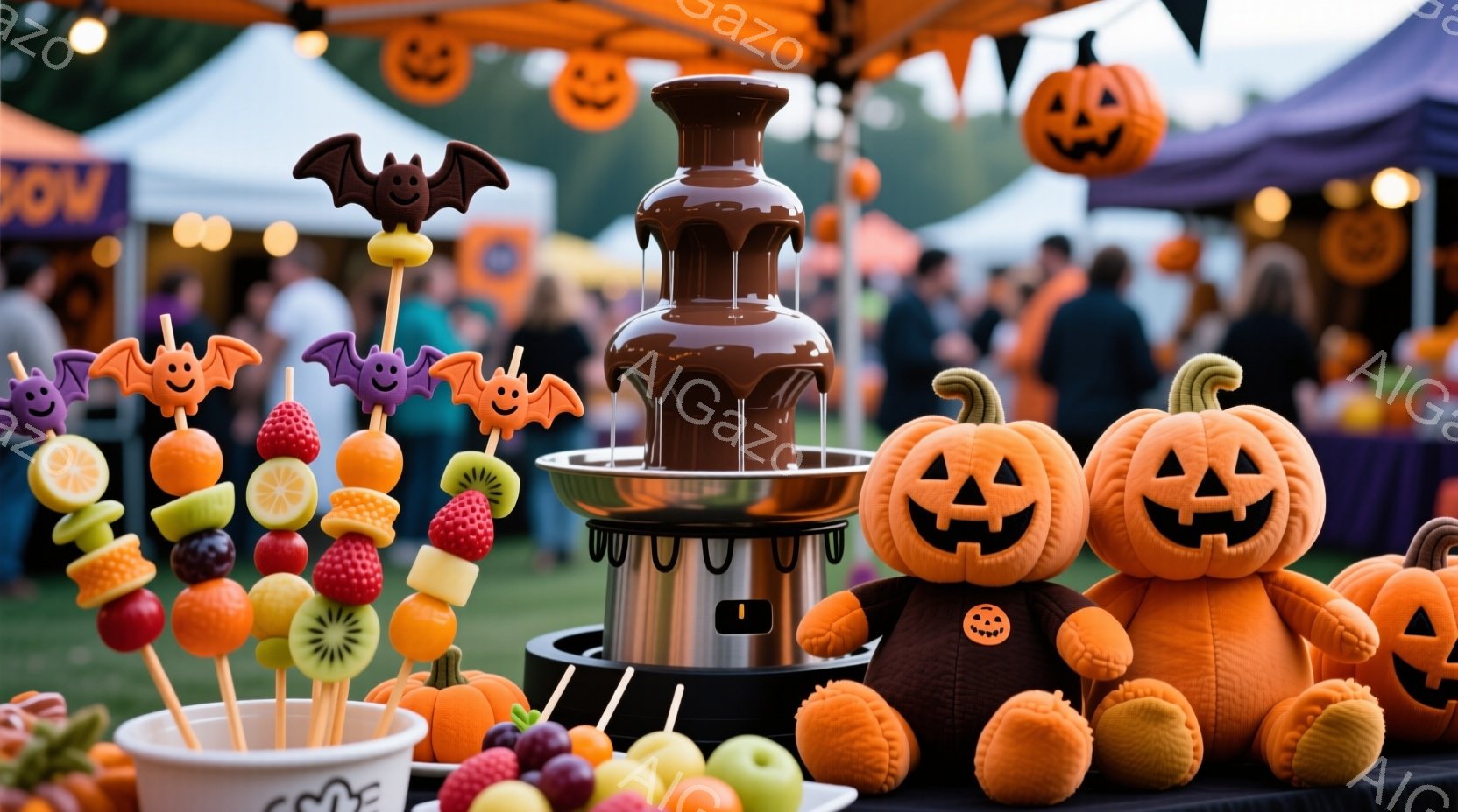 ハロウィーンの装飾が施されたテーブルの上には、フルーツ串とチョコレートファウンテンが並べられています。背景には、ハロウィーンの飾り付けがされたテントや人々が見え、秋晴れの屋外イベントの様子が伺えます。 - AI生成フリー素材