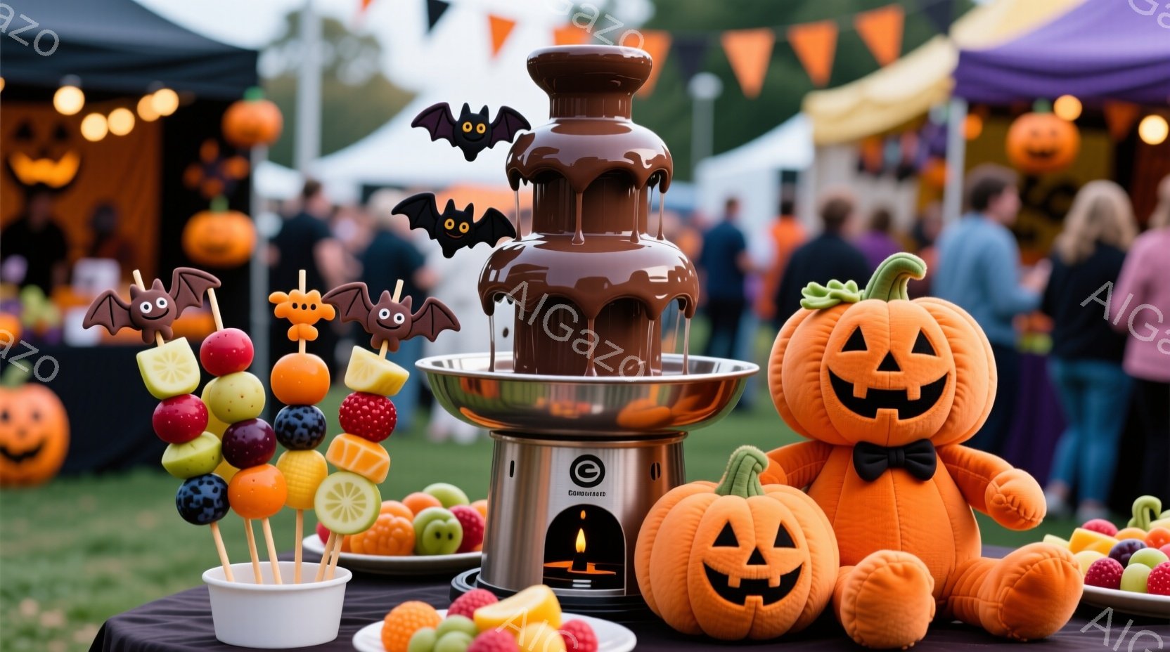ハロウィーンをテーマにしたテーブルの様子が写っています。チョコレートファウンテンを中心に、フルーツ串、パンプキン型のぬいぐるみ、そして装飾されたカボチャが配置されています。背景には人々が歩き回り、オレ - AI生成フリー素材