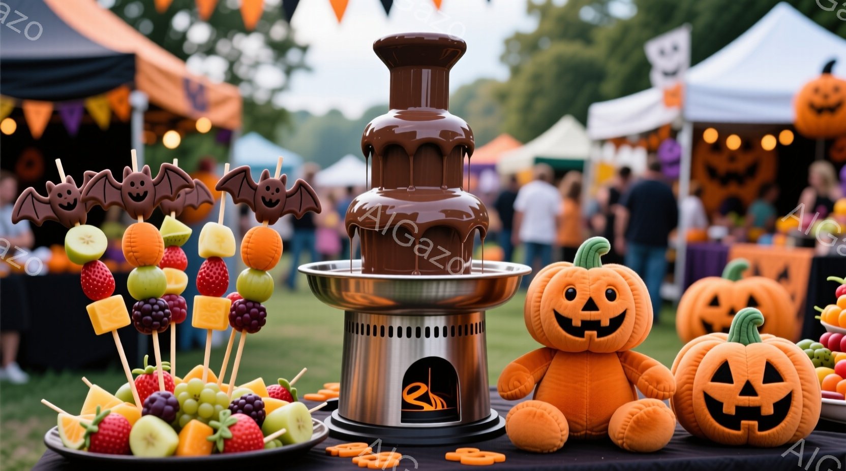 ハロウィーンをテーマにしたフードディスプレイが写っている。チョコレートファウンテンを中心に、串に刺されたフルーツやクッキー、そして可愛らしいカボチャのぬいぐるみが配置されている。背景には、ハロウィーン - AI生成フリー素材