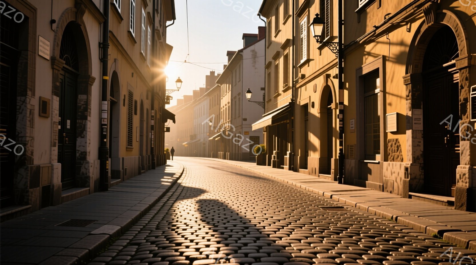 石畳の道が遠くまで続く、歴史的な街並みの風景です。朝日の光が道の石畳に強く差し込み、建物の壁に長い影を落としています。道の奥には一人の人物が歩いており、そのシルエットが静かで穏やかな雰囲気を醸し出して - AI生成フリー素材