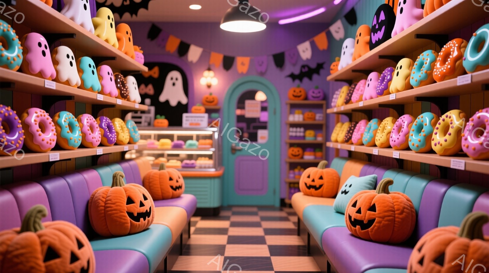 ハロウィーンをテーマにしたダイナーの内部で、紫色のブース席が左右に並び、オレンジ色のジャック・オー・ランタンが可愛らしく飾られています。壁にはお化けの装飾が施され、天井にはハロウィーンのガーランドが飾られ、全体的に明るく、お祝いムードにあふれています。床は白と黒のチェック柄で、壁は淡い紫色で、ファンシーで楽しい雰囲気を醸し出しています。