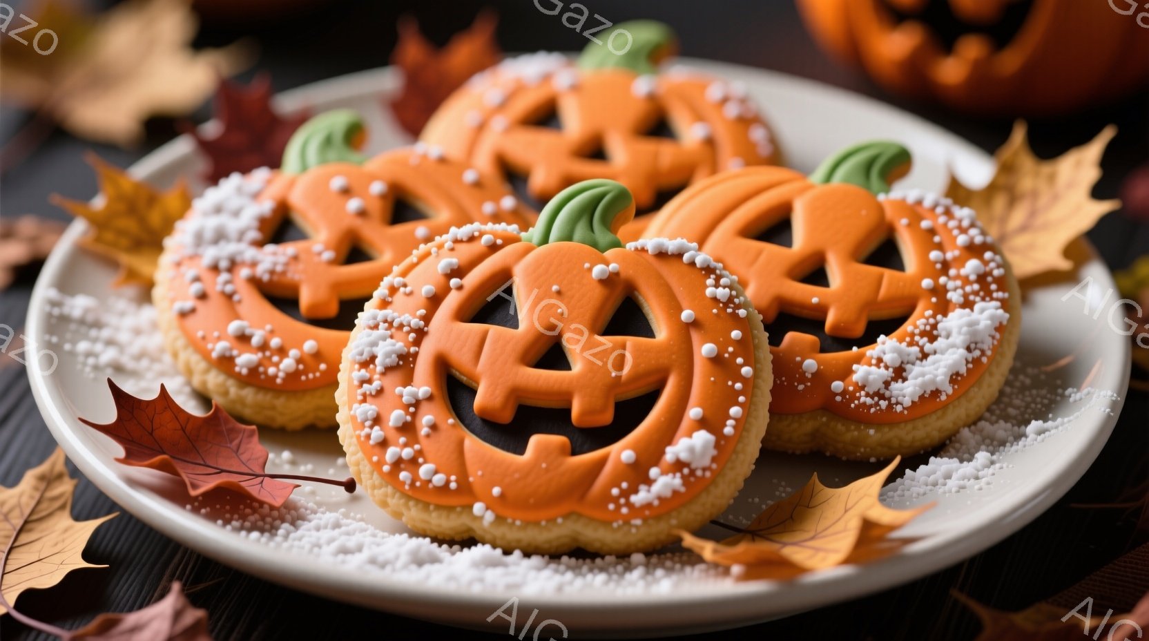 白いお皿に、ハロウィーン風のクッキーが数枚並べられています。オレンジ色のクッキーは、ジャック・オー・ランタンの形をしており、緑色のつるがついています。周りには、砂糖のような白い粉と、紅葉した葉が散りばめられており、秋の雰囲気を感じさせます。