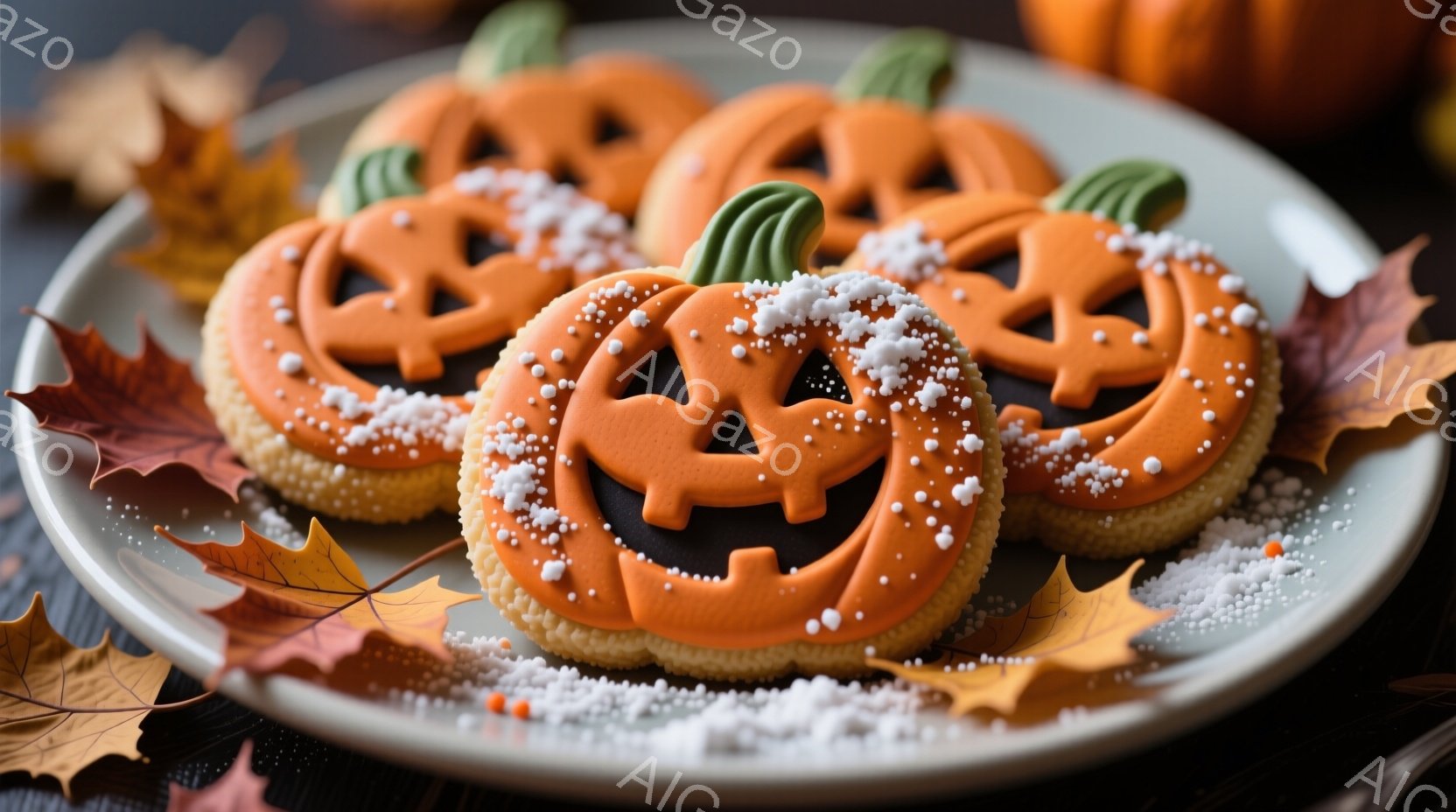 ハローウィーンを意識したクッキーが、薄いグレーの皿に並べられています。オレンジ色のクッキーはジャック・オー・ランタンの形をしており、黒いアイシングで顔が描かれ、緑色のクッキーの茎がついています。皿の周 - AI生成フリー素材