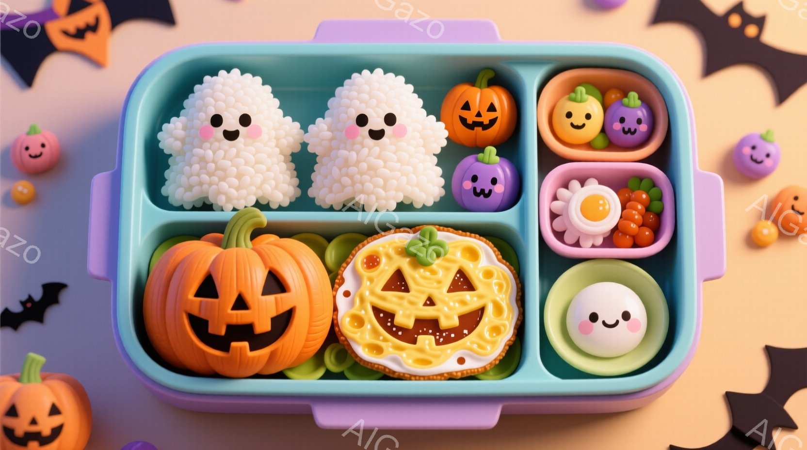 お弁当箱の中に、ハロウィーンをテーマにした可愛らしいお弁当が並んでいます。カボチャや幽霊、ミイラなど、様々なキャラクターがご飯やおかずに形どられ、笑顔でこちらを見ているようです。背景はオレンジ色で、黒いコウモリが舞い、お祭り気分を盛り上げています。