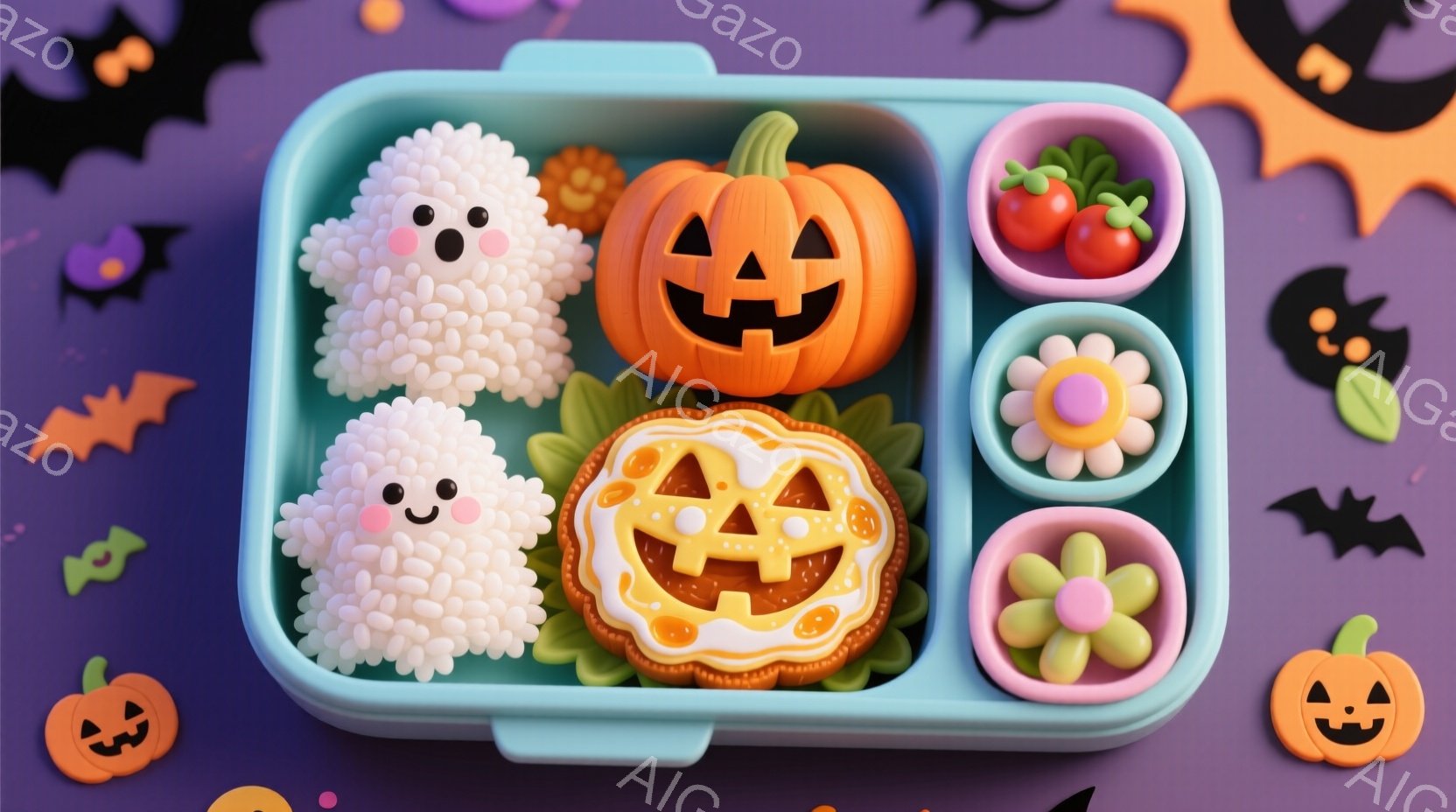 薄紫色の弁当箱の中に、ハロウィーンをテーマにした可愛らしいお弁当が詰まっています。白いふわふわとしたお化けの形をしたご飯、かぼちゃの形をした卵焼き、緑色の海苔で飾られたパンプキン型のハンバーグ、そして可愛らしいお花の形をしたピンクの飾り付けが並んでいます。背景にはオレンジ色のカボチャや黒いコウモリが散りばめられており、全体的に明るく楽しいハロウィーンの雰囲気が漂っています。