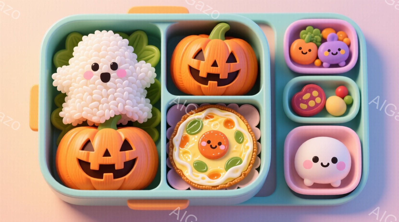 青い弁当箱の中に、ハロウィンをテーマにした可愛らしい料理が詰め込まれています。おにぎり、カボチャ、卵焼き、ブロッコリーとミニトマト、そして白いお団子はそれぞれ顔を持っており、愛らしい表情を見せています。全体的に明るく、遊び心のある雰囲気で、まるでハロウィンのピクニックのようです。