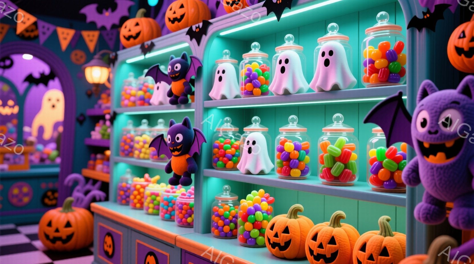 ハロウィーンをテーマにした可愛らしいディスプレイです。様々な色とりどりのキャンディーが入った瓶が棚に並び、その間にはお化けやコウモリのおもちゃが配置されています。床は白と黒のチェック模様で、背景にはハ - AI生成フリー素材