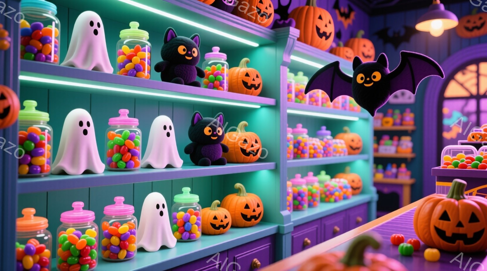 ハロウィーンのキャンディショップの棚には、カラフルなキャンディが入った瓶、白いお化けのぬいぐるみ、黒いコウモリのぬいぐるみ、オレンジ色のジャックオーランタンのぬいぐるみなどが並んでいます。紫色のカウンターと背景には、ハロウィーンを象徴するカボチャが飾られ、全体的に明るく楽しい雰囲気です。棚の上部には、さらにたくさんのジャックオーランタンが並んでおり、お祝いムードを盛り上げています。