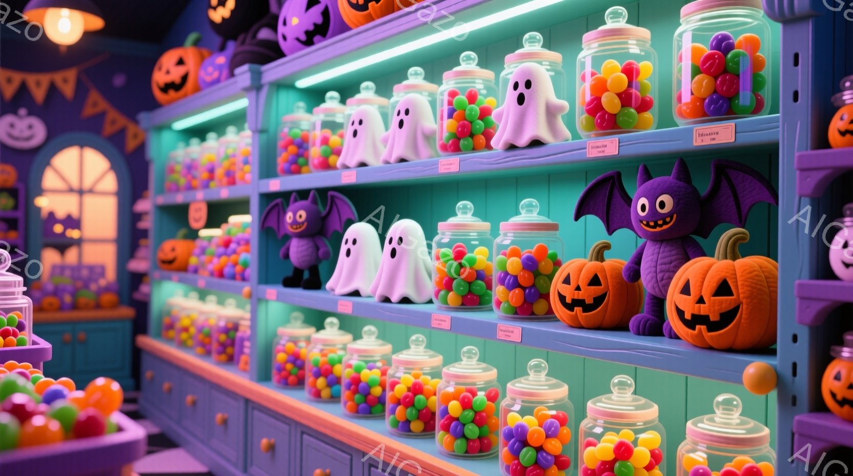 ハロウィーンのキャンディが並んだ店内の様子です。紫色の棚には、様々な色のキャンディが入った瓶や、可愛らしいお化けやコウモリのぬいぐるみなどが飾られています。背景には、ハロウィーンの飾り付けが施された窓や、カボチャのランタンが見え、お祝いムード満点の空間が広がっています。