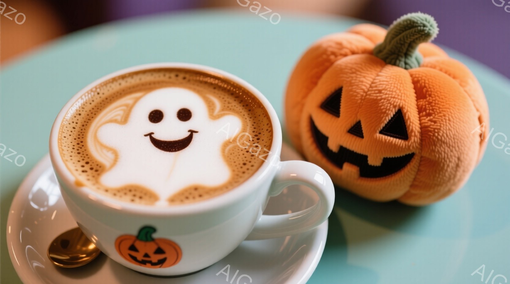 白いソーサーに乗ったカップに、ラテアートで描かれた笑顔の幽霊が浮かんでいます。隣には、愛らしいオレンジ色のハロウィンパンプキンのぬいぐるみが寄り添っており、どちらもほっこりとした温かい雰囲気を醸し出しています。背景は明るい水色のテーブルで、ハロウィーンの季節を象徴する可愛らしい構図です。