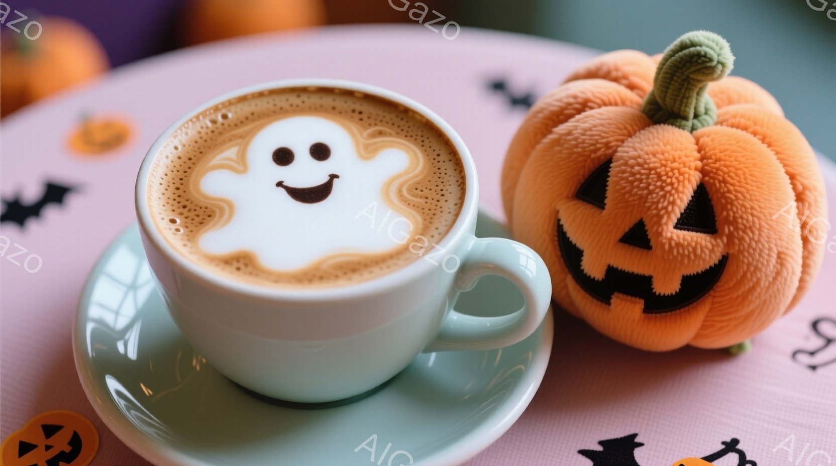 薄い水色のソーサーに乗ったカップには、ハロウィーンを意識したお化けのラテアートが施されています。背景はピンク色で、ハロウィーンらしいカボチャやコウモリの模様が散りばめられています。右側には、ふわふわしたオレンジ色のカボチャのぬいぐるみが置かれ、全体的に可愛らしく、温かい雰囲気を醸し出しています。