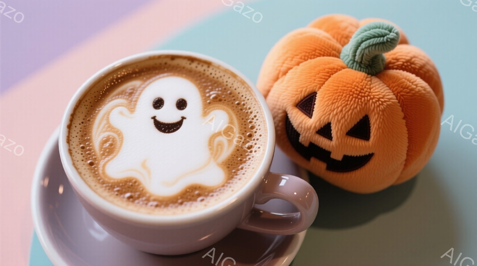 白いソーサーに乗ったカップに、ラテアートで可愛らしいお化けが描かれています。オレンジ色のふわふわしたハロウィーンのパンプキンが隣に置かれ、ほっこりとした温かい雰囲気を醸し出しています。背景はパステルカラーのグラデーションで、季節感と遊び心を感じさせます。
