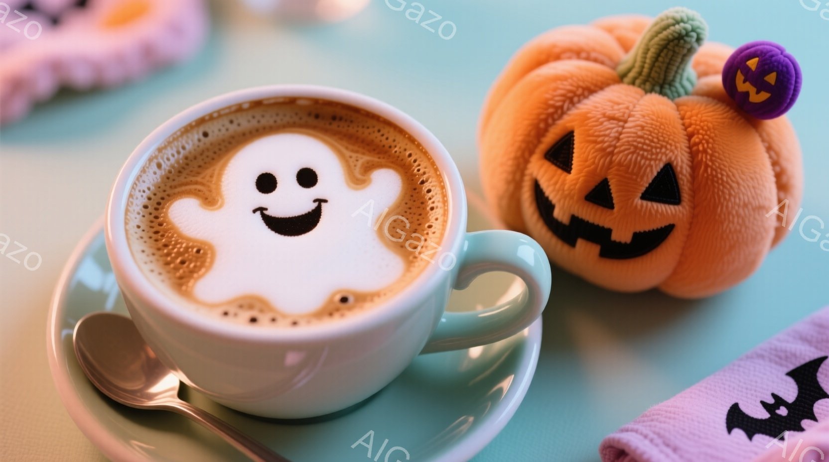 明るい水色のカップに、ラテアートで可愛らしいお化けが描かれています。隣にはオレンジ色のふわふわしたカボチャのぬいぐるみが置かれ、背景にはハロウィーンを連想させる紫色の布とコウモリの模様が見えます。全体的に、温かく、遊び心のあるハロウィーンの雰囲気を醸し出しています。