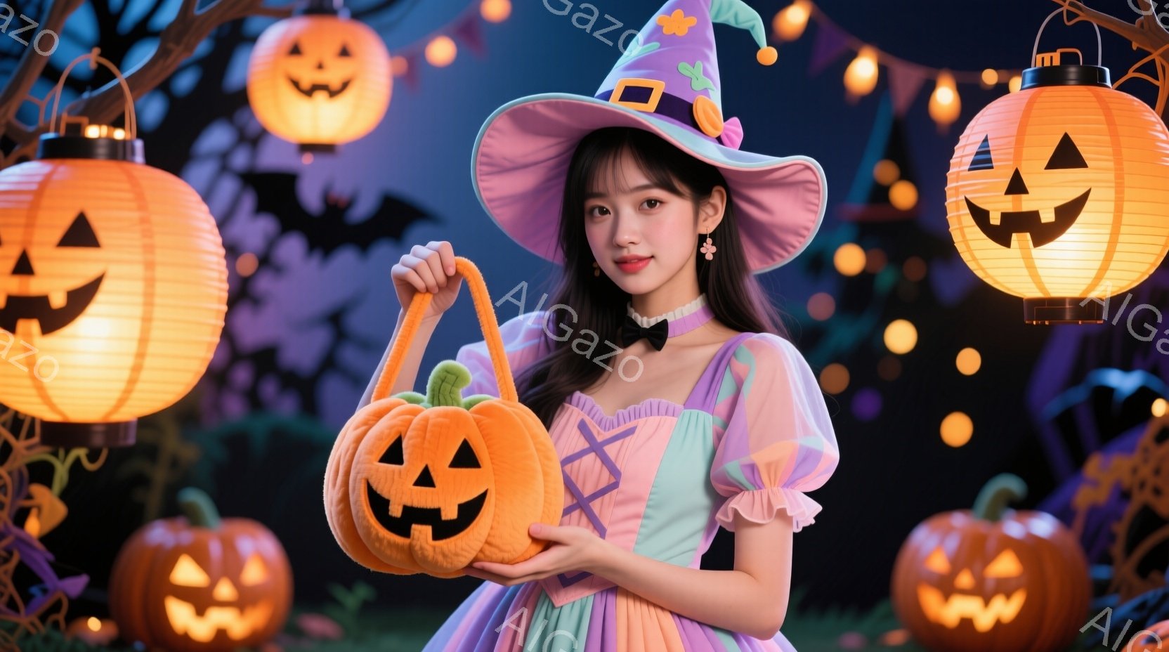 明るい紫色のドレスと、水色のリボンがあしらわれたフリル襟が印象的な女性が描かれています。彼女はオレンジ色のカボチャの形をしたバッグを両手に持ち、微笑みを浮かべています。背景には、さまざまな大きさのジャック・オー・ランタンや、ぼんやりとした木々が見え、ハロウィンの夜を思わせる雰囲気です。