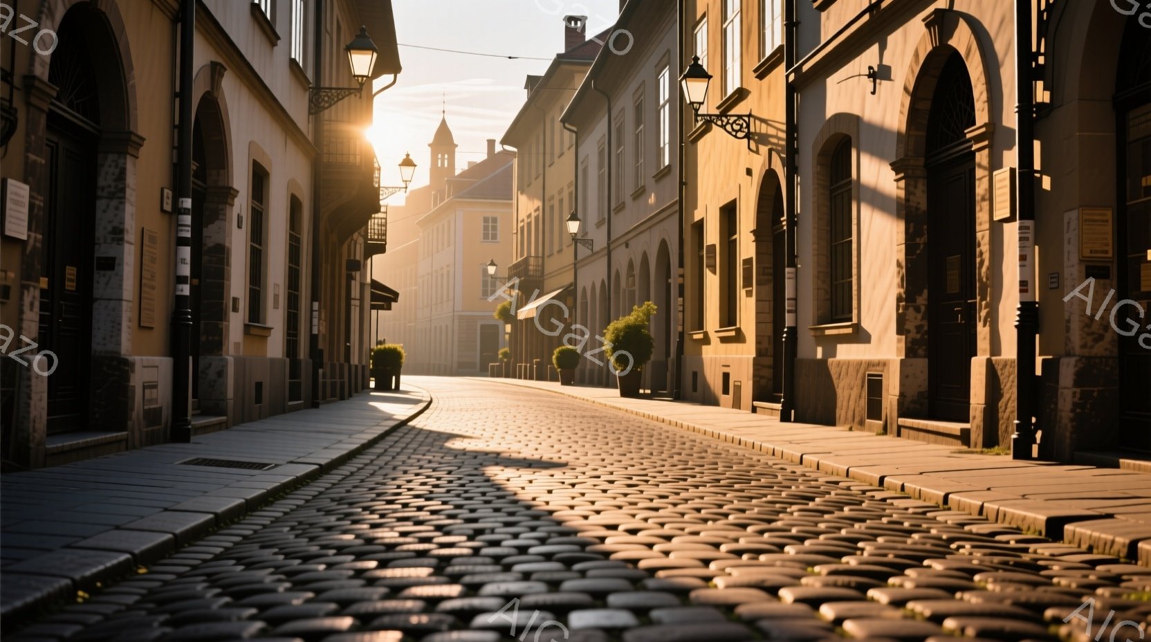 石畳の道が遠くまで続く、ヨーロッパの趣のある街並みです。両脇には歴史的な建物が並び、その影が道に長く伸びています。朝日の光が道を照らし、暖かく穏やかな雰囲気を醸し出しています。