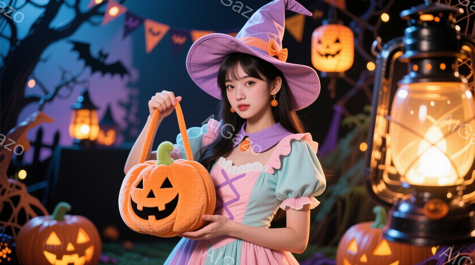 少女はハロウィーンの衣装を着て、オレンジ色のカボチャの形をしたバッグを持っています。彼女は薄い緑色のドレスに、紫色の帽子とリボンをつけており、笑顔で少し上目遣いをしています。背景には、カボチャのランタン、クモの巣、そして暗い空と木々があり、ハロウィーンの夜の雰囲気を醸し出しています。