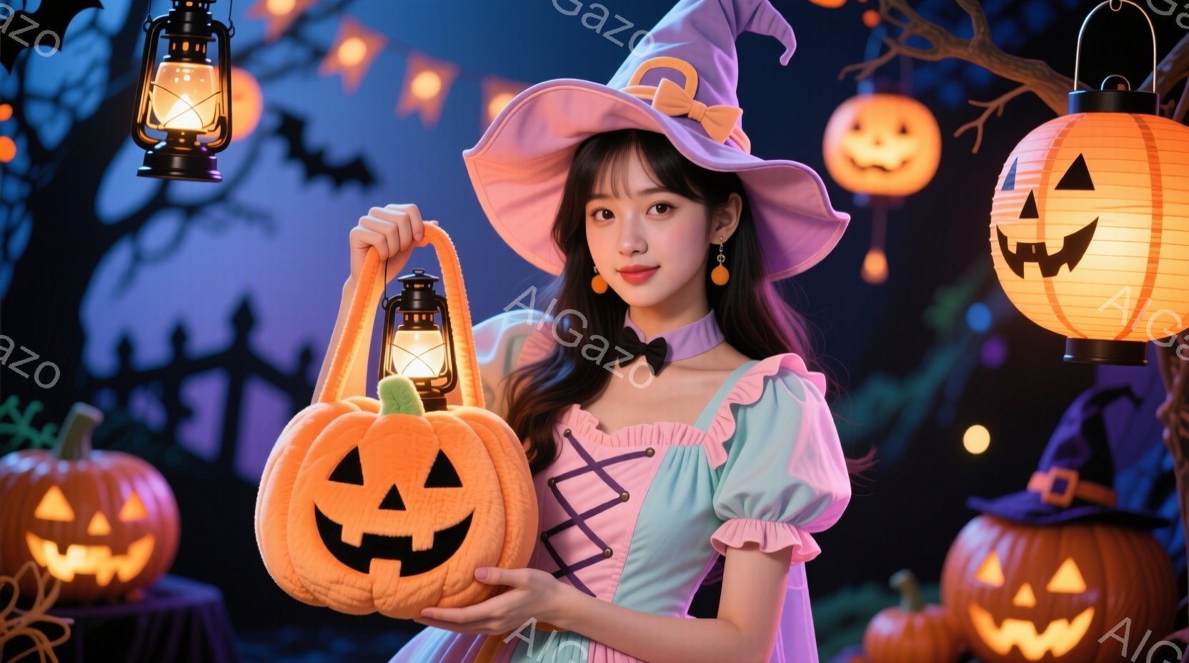 明るい笑顔の若い女性が、ピンク色の魔女帽子と、水色のコルセット風のドレスを着ています。彼女は大きなジャック・オー・ランタンの形をしたバッグを持ち、小さな提灯をぶら下げています。背景には、様々な大きさのジャック・オー・ランタンが浮かび、暗い森と夜空がハロウィンの雰囲気を盛り上げています。