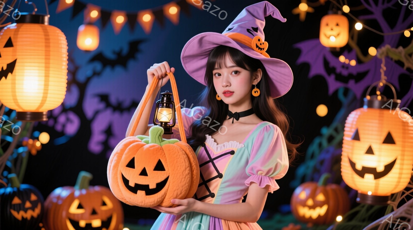 長い黒髪をほどこし、ハロウィーンの帽子をかぶった若い女性が写っています。パステルカラーのフリル付きのドレスを着ており、両手に光るジャック・オー・ランタンのバケツを持っています。背景にはオレンジ色の光を - AI生成フリー素材